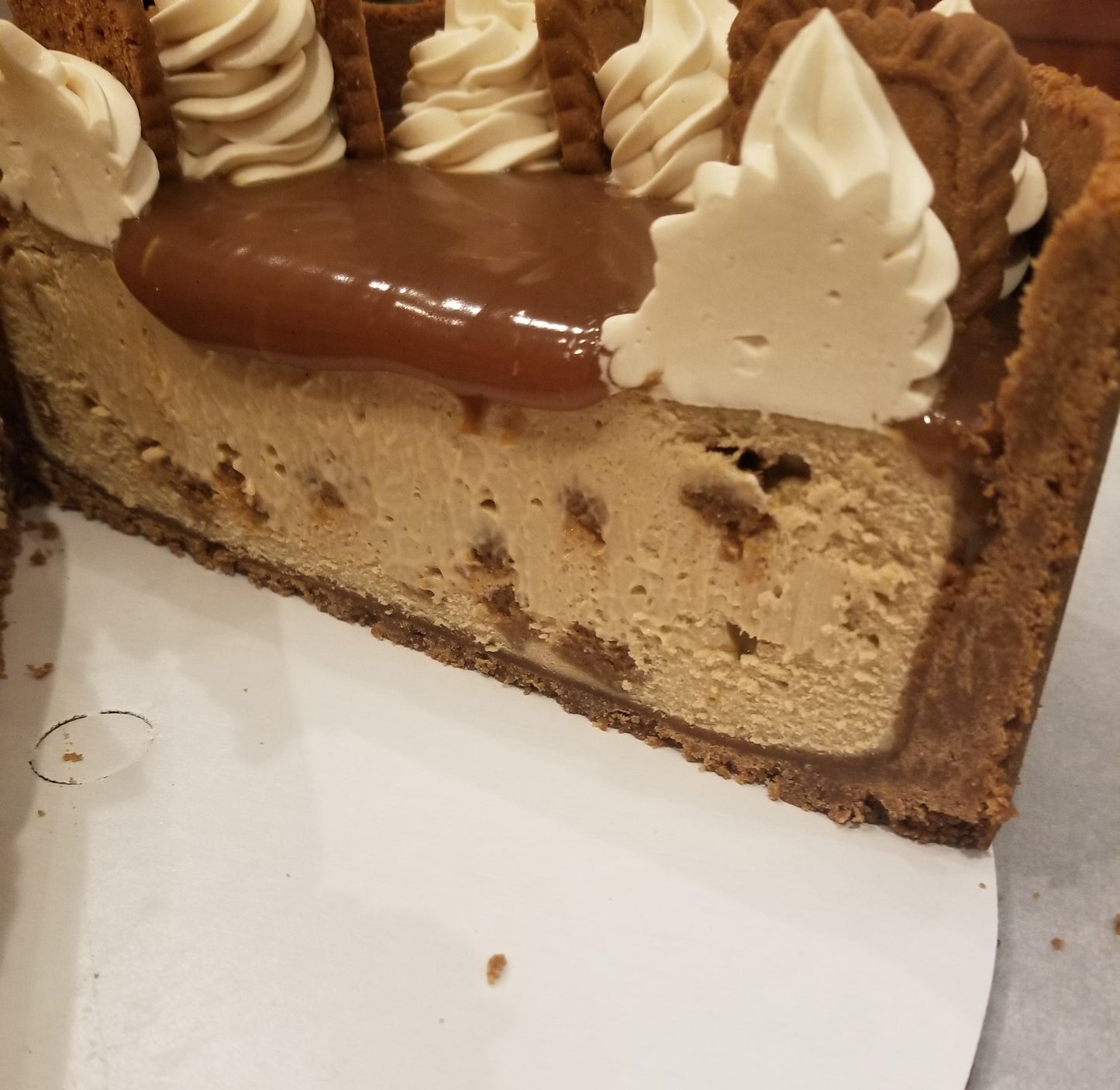 Speculoos Cheesecake, sliced, revealing center containing bits of speculoos cookies.