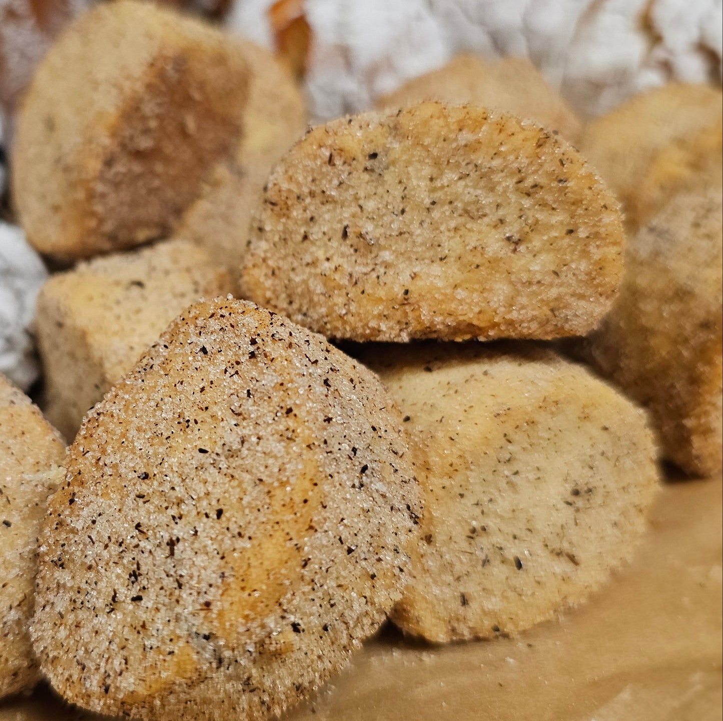 Close-up of kipferl cookies on a brown paper bag